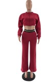 Autumn Burgunry Zipper Crop Top and Pants Two Piece Tracksuit