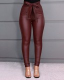 Winter Burgunry Leather High Waist Tight Trousers