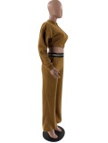 Autumn Brown Zipper Crop Top and Pants Two Piece Tracksuit