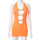 Summer Orange Cut Out Chains Halter Mini Club Dress