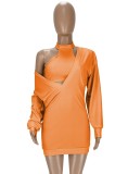 Autumn Orange Halter Crop Top and Deep-V Sweatshirt Dress Two Piece Set