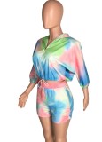 Autumn Tie Dye Print Hooded Zipper Top and Matching Shorts Two Piece Set