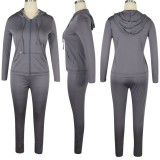 Autumn Grey Blank Tight Zipper Hoodies and Pants Two Piece Set