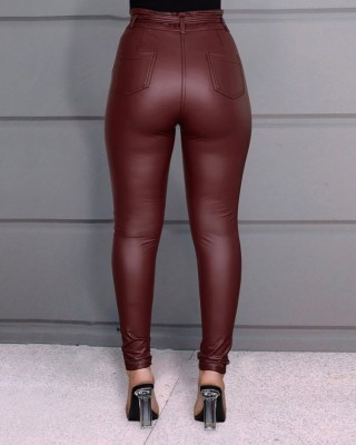 Winter Burgunry Leather High Waist Tight Trousers