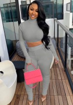Autumn Grey Turtleneck Crop Top and Stacked Legging Two Piece Set