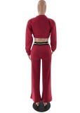 Autumn Burgunry Zipper Crop Top and Pants Two Piece Tracksuit