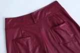 Winter Burgunry Leather High Waist Tight Trousers