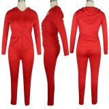 Autumn Red Blank Tight Zipper Hoodies and Pants Two Piece Set