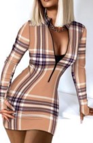 Winter Khaki Plaid Print Zipper Mini Club Dress