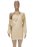 Autumn Khaki Halter Crop Top and Deep-V Sweatshirt Dress Two Piece Set