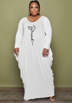 Autumn White Print O-Neck Loose Plus Size Maxi Dress