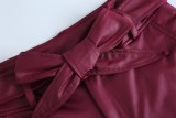 Winter Burgunry Leather High Waist Tight Trousers