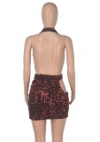 Autumn Burgunry Sequins Deep-V Cut Out Halter Club Dress