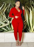 Autumn Red Blank Tight Zipper Hoodies and Pants Two Piece Set