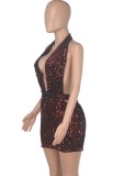 Autumn Burgunry Sequins Deep-V Cut Out Halter Club Dress