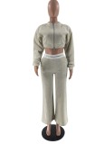 Autumn Grey Zipper Crop Top and Pants Two Piece Tracksuit