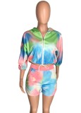 Autumn Tie Dye Print Hooded Zipper Top and Matching Shorts Two Piece Set