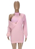 Autumn Pink Halter Crop Top and Deep-V Sweatshirt Dress Two Piece Set