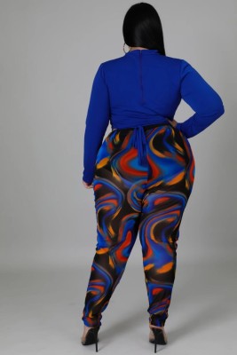 Autumn Blue Tight Crop Top and Print Tight Legging Plus Size Two Piece Set