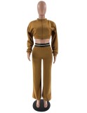 Autumn Brown Zipper Crop Top and Pants Two Piece Tracksuit