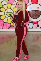 Autumn Red Stripes Print Zipper Two Piece Pants Tracksuit