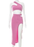 Fall Sexy Pink Ribbed Cut Out Crop Top And Slit Long Dress Two Piece Set