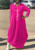Fall Casual Pink Print Contrast Turndown Collar Long Sleeve Loose Long Dress