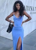 Summer Sexy Blue Straps Slit Long Dress