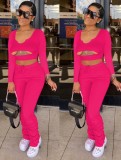 Fall Sexy Pink Cut Out V Neck Long Sleeve And Pant Two Piece Set
