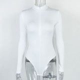 Winter White Zipper High Neck Long Sleeve Bodysuit