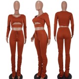 Fall Sexy Brown Cut Out V Neck Long Sleeve And Pant Two Piece Set