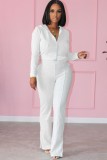 Fall Casual White Zipper Open Hoodies And Pant Two Piece Set
