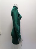 Winter Sexy Green Velvet High Collar Long Sleeve Rope Pucker Club Dress