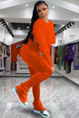Fall Casual Orange Round Neck Long Sleeve Crop Top And Stacked Pant Two Piece Set