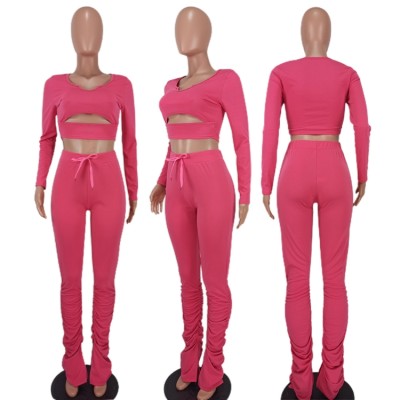 Fall Sexy Pink Cut Out V Neck Long Sleeve And Pant Two Piece Set
