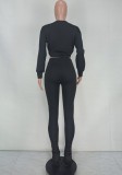 Fall Casual Black Round Neck Long Sleeve Crop Top And Stacked Pant Two Piece Set