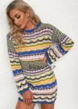Winter Multicolor Strip Round Neck Long Sleeve Sweater Dress