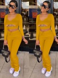 Fall Sexy Yellow Cut Out V Neck Long Sleeve And Pant Two Piece Set
