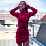 Winter Sexy Red Velvet High Collar Long Sleeve Rope Pucker Club Dress