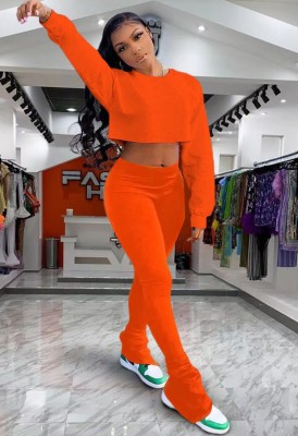 Fall Casual Orange Round Neck Long Sleeve Crop Top And Stacked Pant Two Piece Set