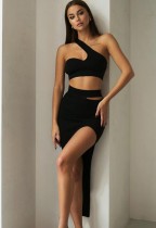Fall Sexy Black Ribbed Cut Out Crop Top And Slit Long Dress Two Piece Set