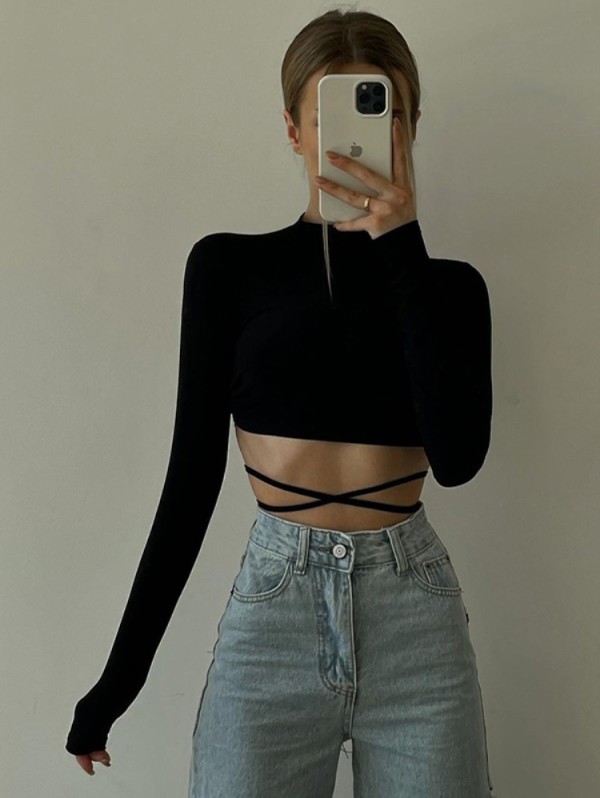 Fall Sexy Kahaki Zebra-Stripe Long Sleeve Crop Top