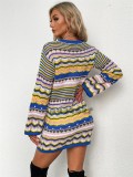 Winter Multicolor Strip Round Neck Long Sleeve Sweater Dress