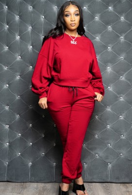 Winter Casual Red Round Neck Long Slevee And Jogger Pant Two Piece Set