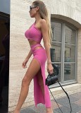 Fall Sexy Pink Ribbed Cut Out Crop Top And Slit Long Dress Two Piece Set