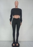 Fall Casual Black Round Neck Long Sleeve Crop Top And Stacked Pant Two Piece Set