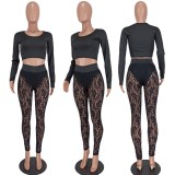 Fall Sexy Black Round Neck Long Sleeve Crop Top And Lace Pant Two Piece Set