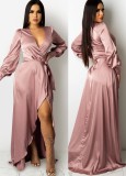 Fall Sexy Pink Satin Long Sleeve Slit Long Dress