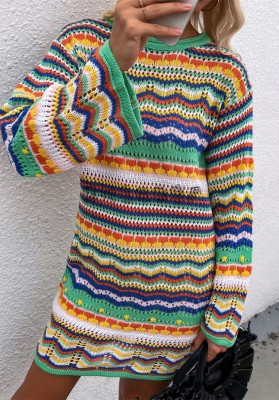 Winter Multicolor Strip Round Neck Long Sleeve Sweater Dress