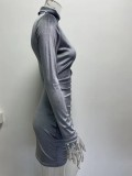 Winter Sexy Grey Velvet High Collar Long Sleeve Rope Pucker Club Dress